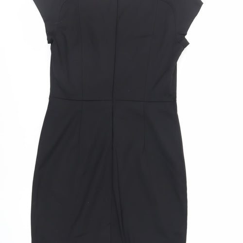 Mango Womens Black Cotton Pencil Dress Size L V-Neck Zip