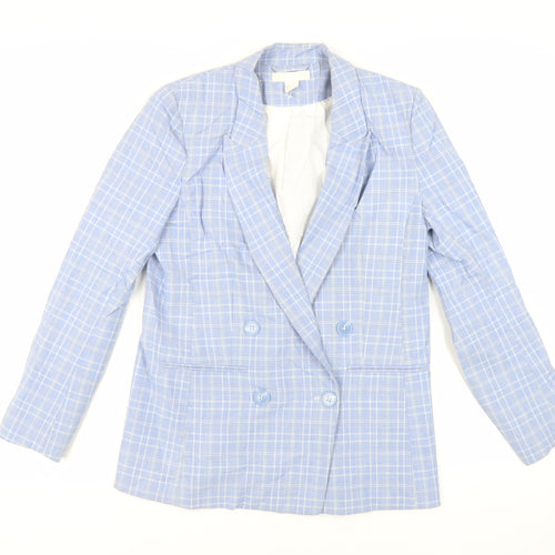 H&M Womens Blue Plaid Jacket Blazer Size 8 Button
