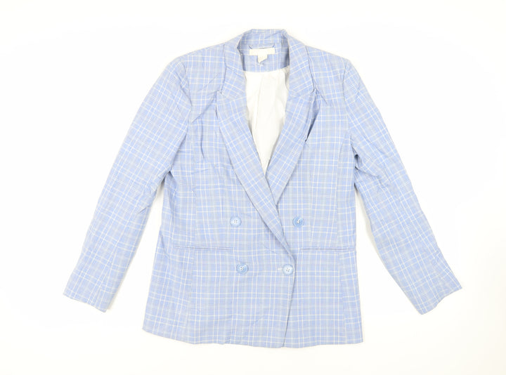 H&M Womens Blue Plaid Jacket Blazer Size 8 Button