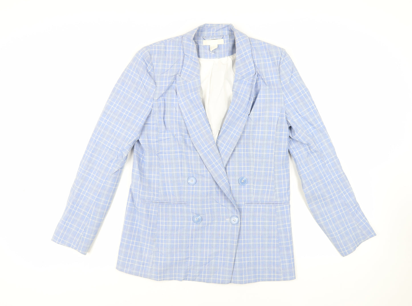 H&M Womens Blue Plaid Jacket Blazer Size 8 Button