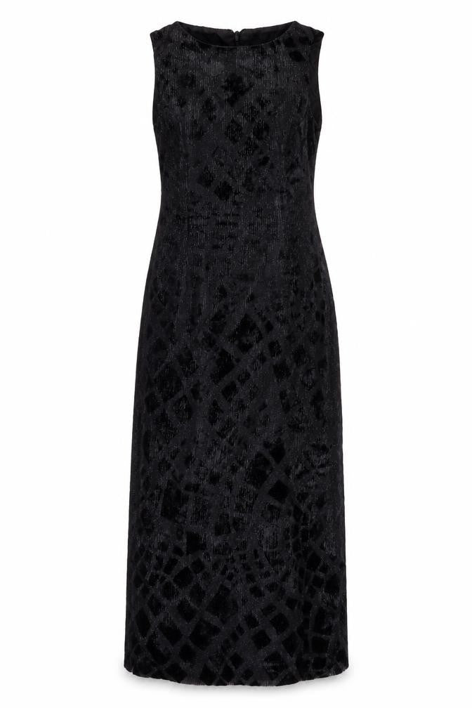 Front view of Michel Ambers women’s black polyester blend maxi, size UK 10, round neck zip