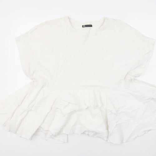 Zara Womens White 100% Cotton Tunic Blouse Size M Round Neck