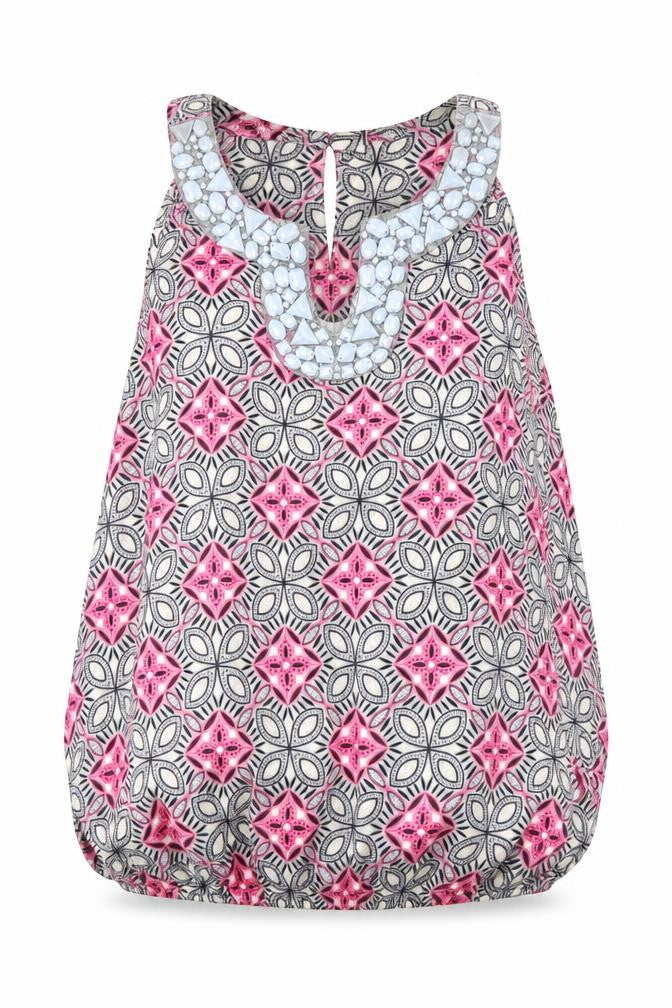 Front view of Wallis women’s multicoloured geometric polyester tunic button-up, size M, sweetheart - elasticated bottom
