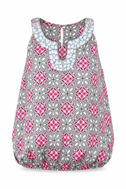 Front view of Wallis women’s multicoloured geometric polyester tunic button-up, size M, sweetheart - elasticated bottom