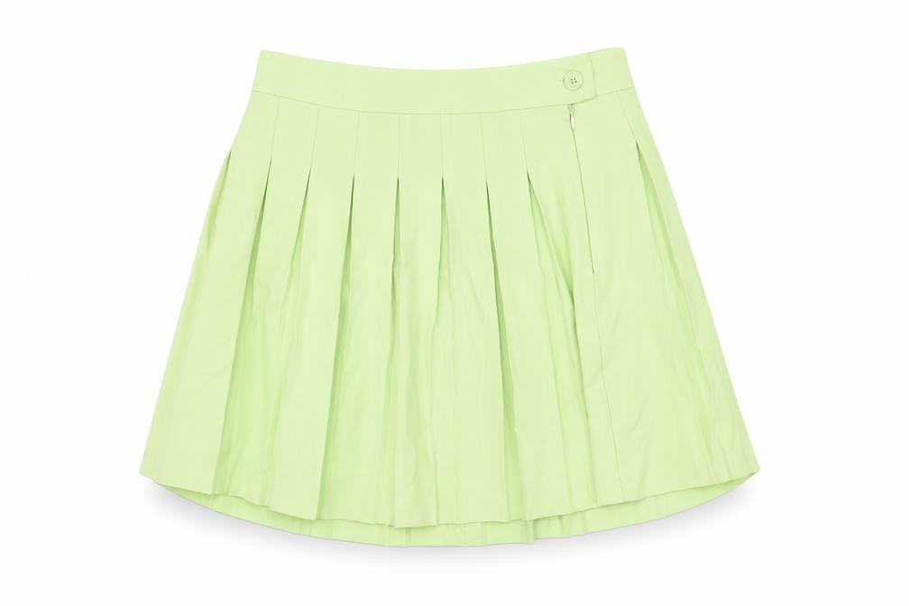 Front view of FB Sister women’s green polyester mini skirt, size L, zip - pleated