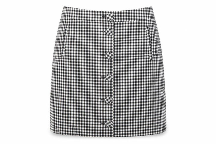 Front view of Oasis women’s multicoloured check 100% polyester maxi skirt, size UK 8, regular