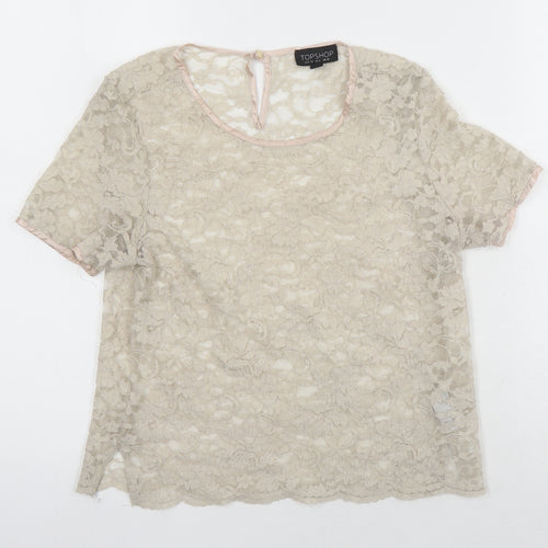 Topshop Womens Beige Nylon Cropped Blouse Size 10 Round Neck