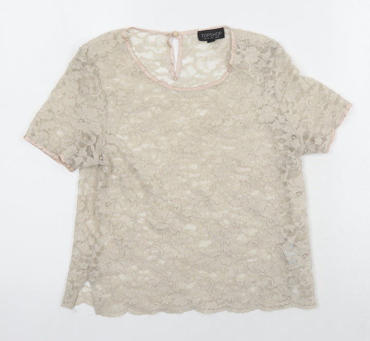 Topshop Womens Beige Nylon Cropped Blouse Size 10 Round Neck