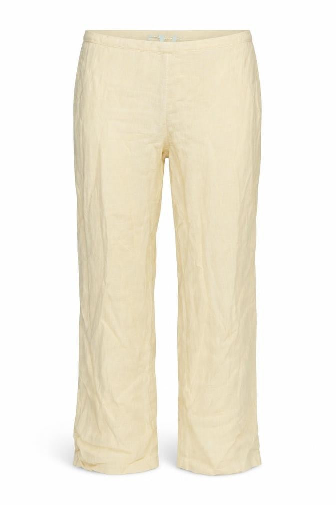 Front view of Samson women’s yellow linen trousers, size L, 27-inch leg regular
