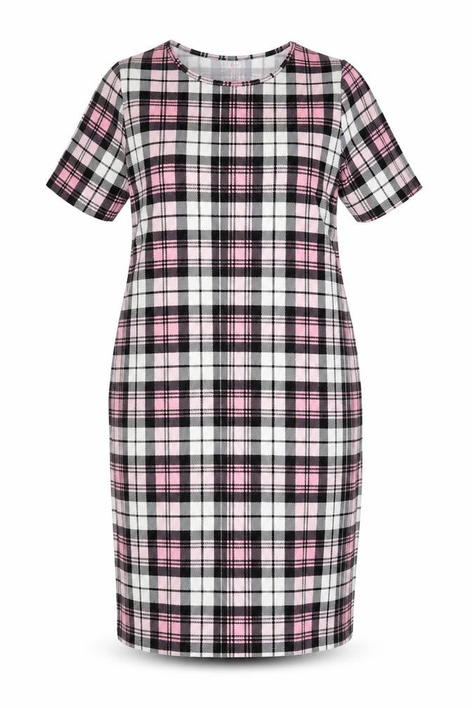 Front view of Kaaya women’s multicoloured check polyester pencil dress, size UK 18, round neck