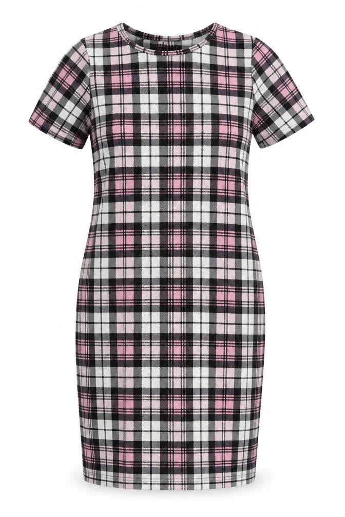 Front view of Kaaya women’s multicoloured check polyester pencil dress, size UK 24, round neck