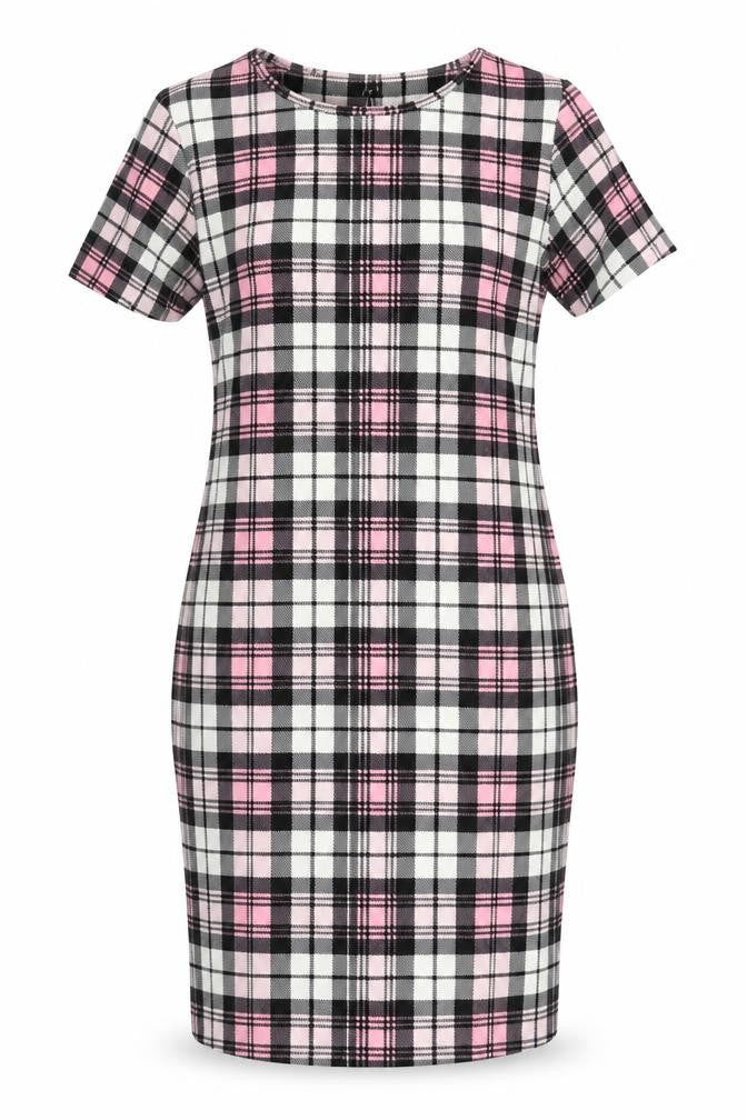 Front view of Kaaya women’s multicoloured check polyester pencil dress, size UK 26, round neck