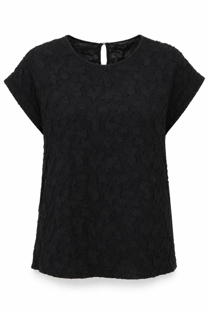 Front view of ESPRIT women’s black polyester tunic blouse, size L, round neck