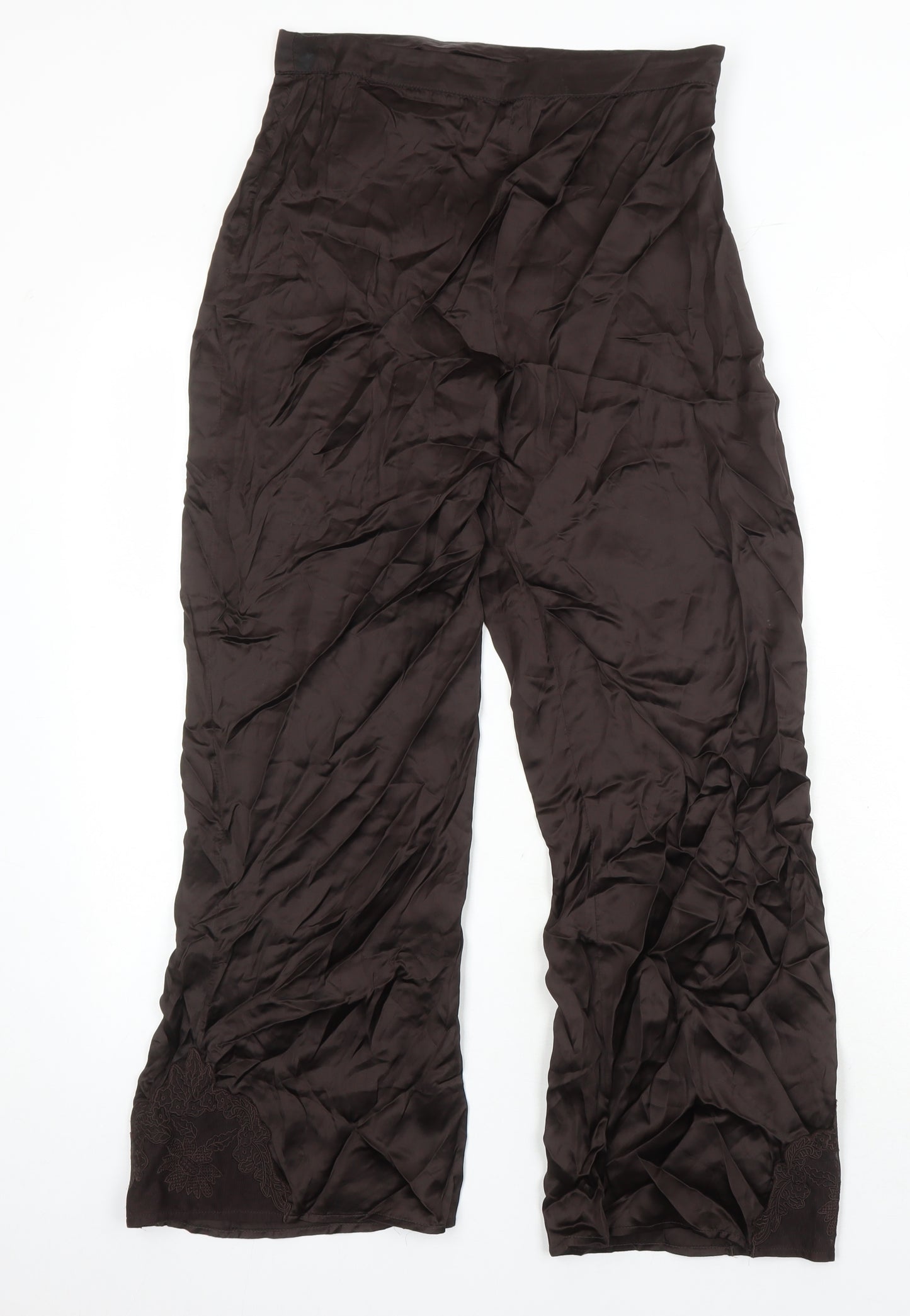 Zara Womens Brown Viscose Trousers Size XS L25 in Regular Zip - Lace Detail on bottom of legs