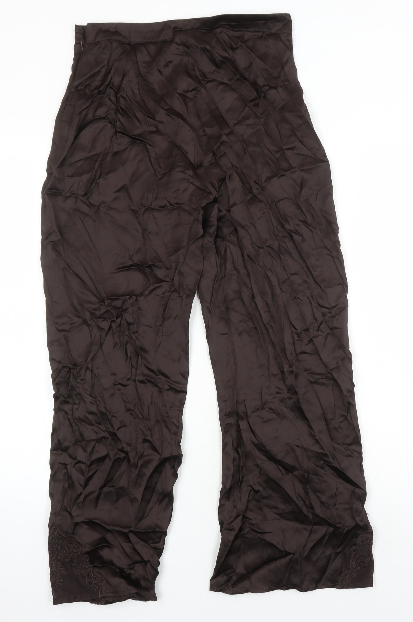 Zara Womens Brown Viscose Trousers Size XS L25 in Regular Zip - Lace Detail on bottom of legs