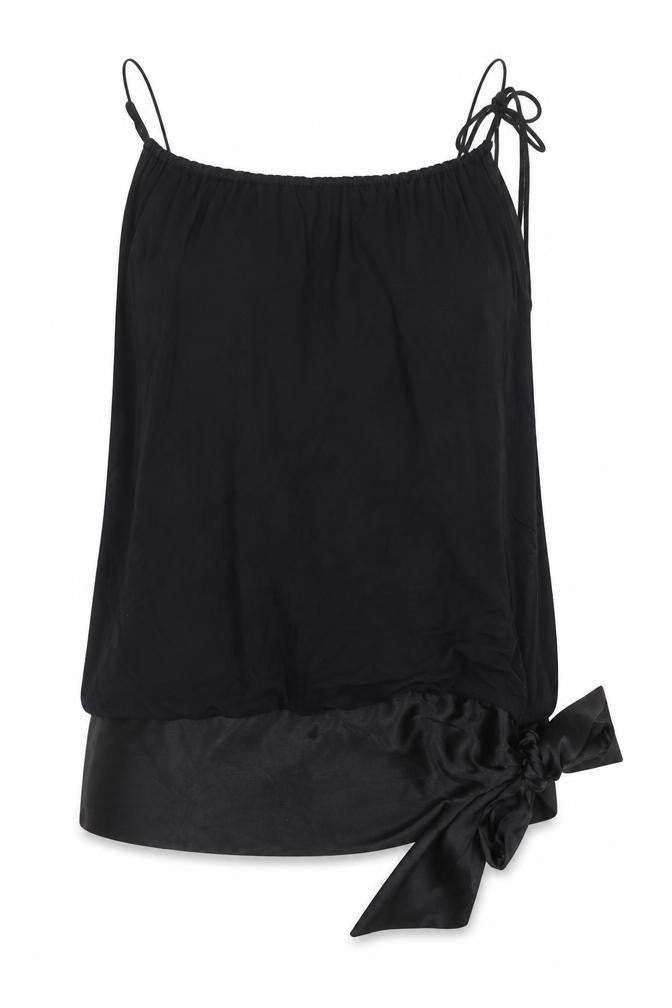 Front view of Oasis women’s black polyester tunic blouse, size UK 8, scoop neck - bow detail