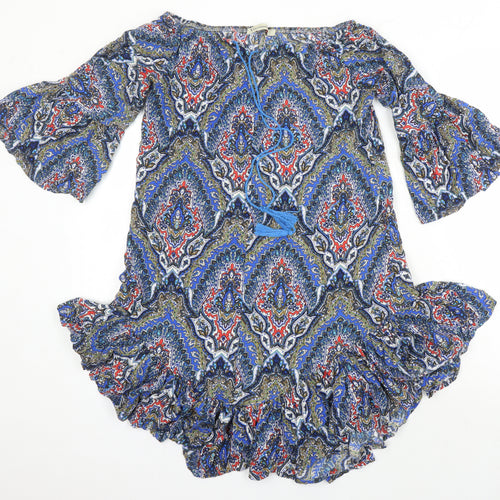 Vale Woman Womens Multicoloured Geometric Viscose Tunic Blouse Size S Round Neck