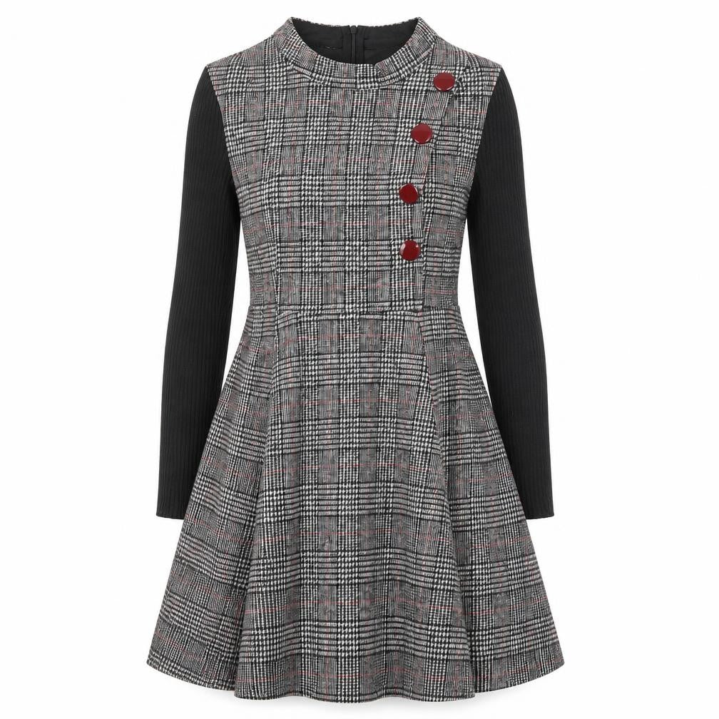 Front view of Duo Lamei Deiss women’s multicoloured check polyester blend a-line, size S, round neck