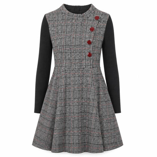 Front view of Duo Lamei Deiss women’s multicoloured check polyester blend a-line, size S, round neck
