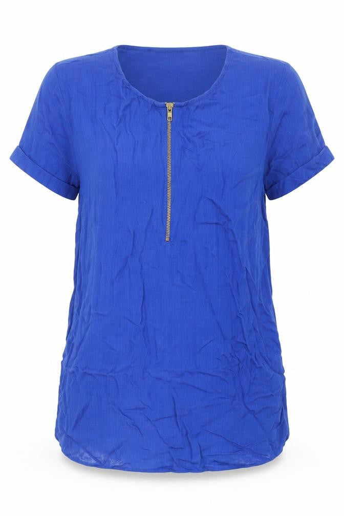 Front view of Sonsandar women’s blue polyester blend tunic blouse, size UK 10, round neck