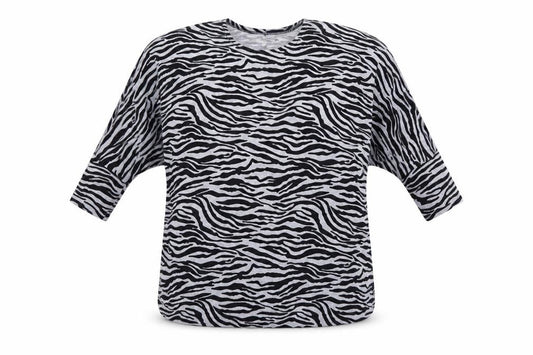 Front view of Misumi women’s multicoloured animal print acrylic tunic blouse one size round neck