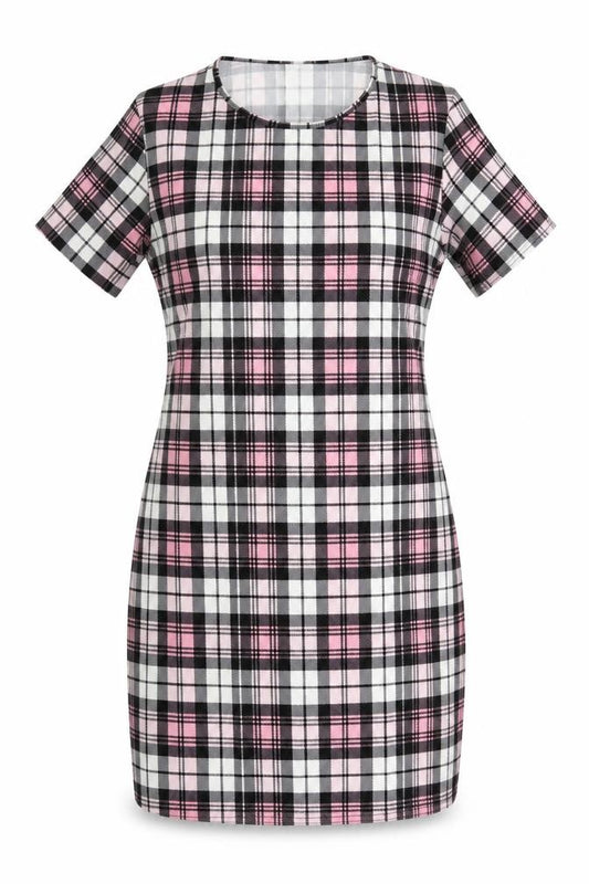 Front view of Kaaya women’s multicoloured check polyester mini, size UK 24, round neck