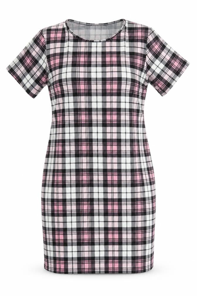 Front view of Kaaya women’s multicoloured check polyester pencil dress, size UK 16, round neck
