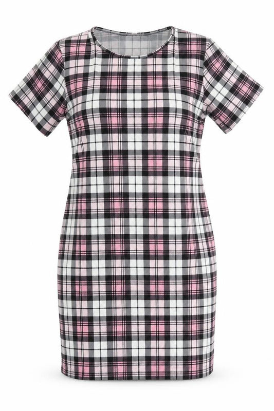 Front view of Kaaya women’s multicoloured check polyester pencil dress, size UK 16, round neck