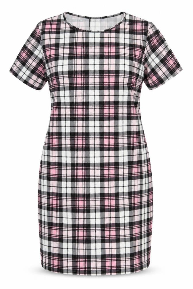 Front view of Kaaya women’s multicoloured check polyester pencil dress, size UK 16, round neck