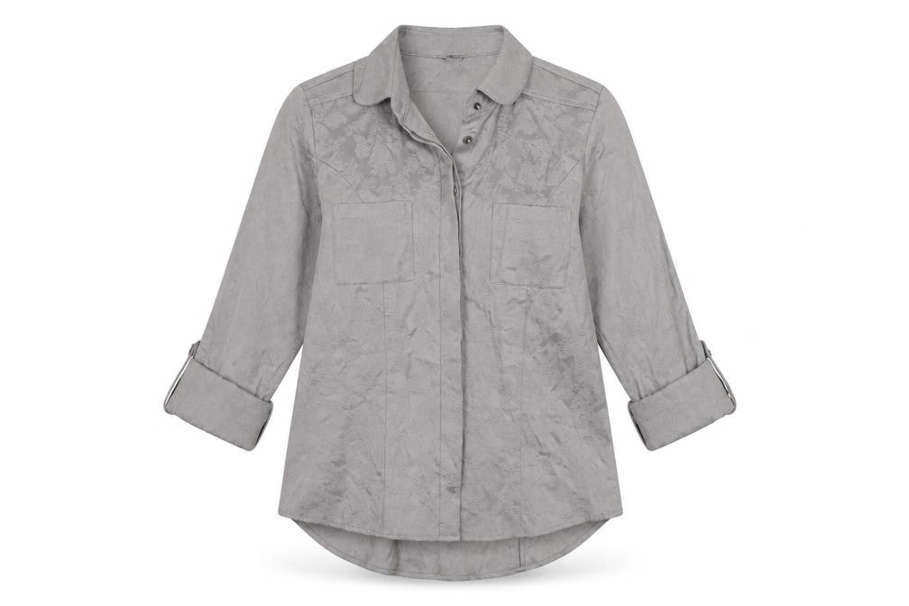 Front view of Next women’s grey cotton basic button-up, size UK 10, collared