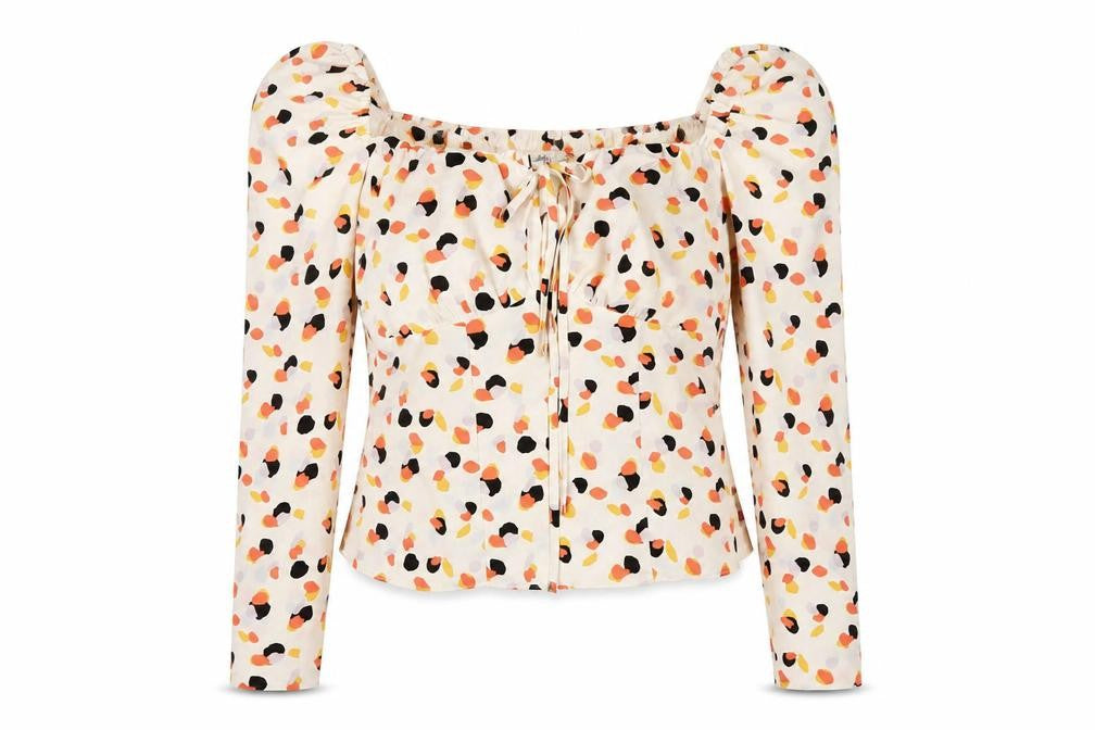 Front view of River Island women’s ivory geometric polyester basic blouse, size UK 8, sweetheart