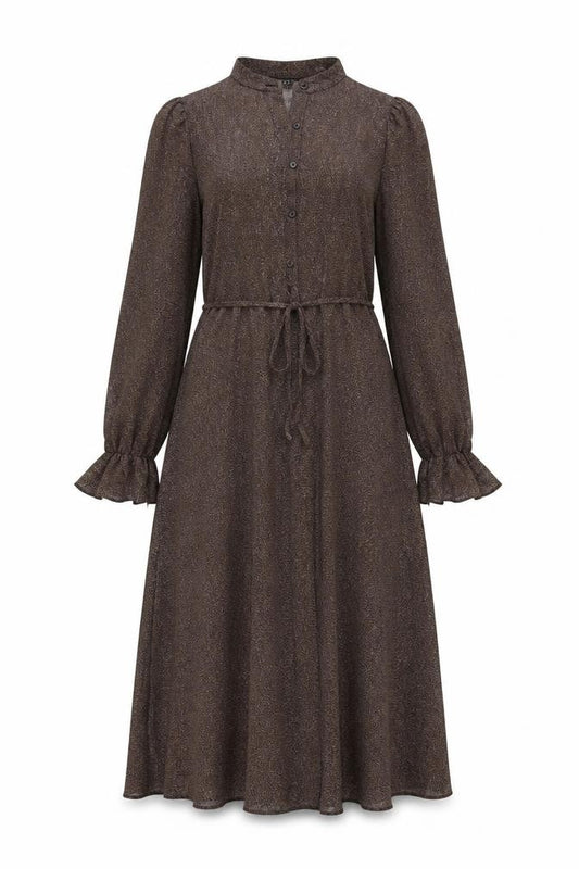 Front view of New Look women’s beige animal print polyester a-line, size UK 10, mock neck button