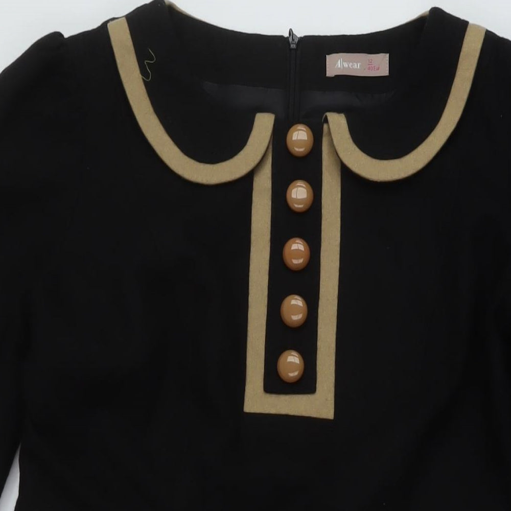 A Wear Womens Black Wool A-Line Size 12 Round Neck Zip