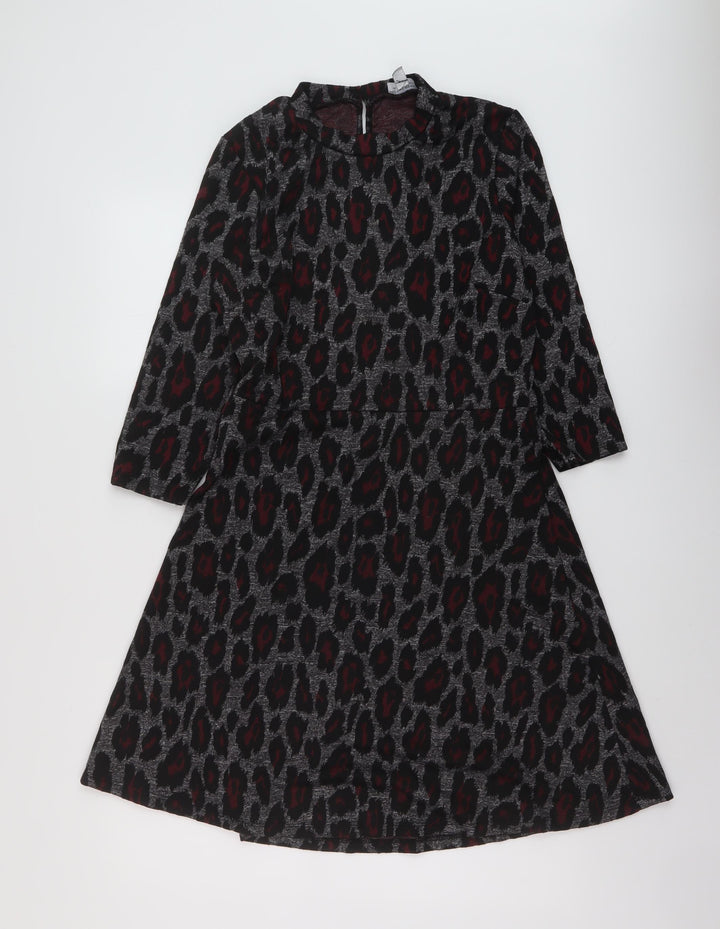 Dorothy Perkins Womens Grey Animal Print Polyester A-Line Size 12 Mock Neck Zip