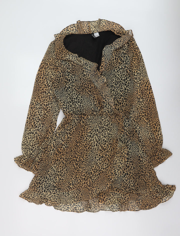 H&M Womens Beige Animal Print Polyester A-Line Size 8 V-Neck Pullover