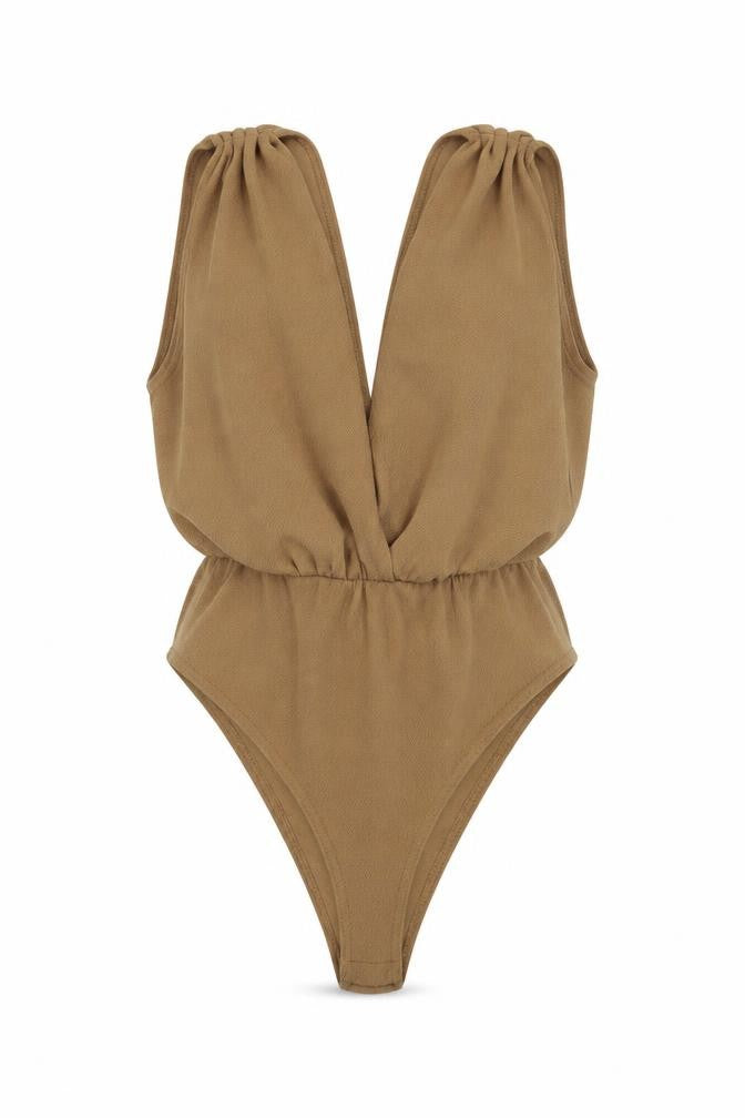 Front view of Boohoo women’s brown polyester bodysuit one-piece, size UK 8, snap