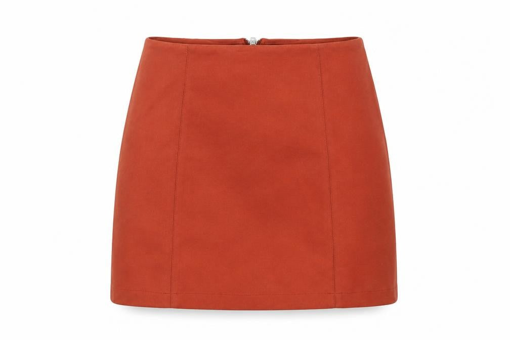 Front view of New Look women’s red polyester mini skirt, size UK 6, zip