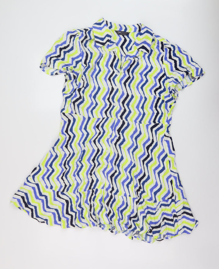 Marks and Spencer Womens Multicoloured Geometric Viscose A-Line Size 18 Collared Button