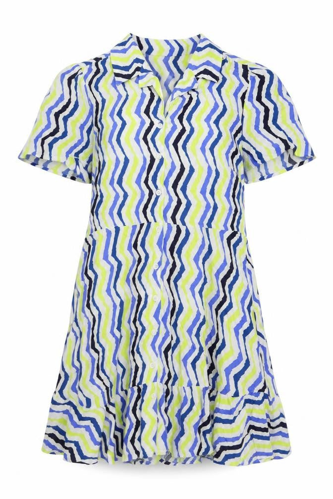 Front view of Marks & Spencer women’s multicoloured geometric viscose a-line, size UK 18, collared button