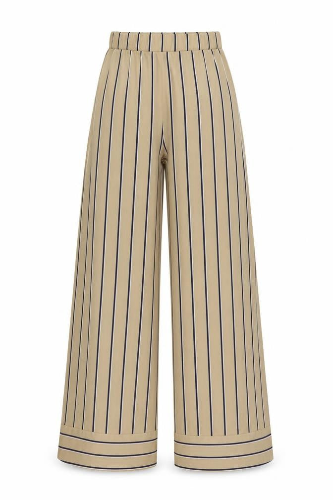Front view of Missguided women’s beige striped polyester trousers, size UK 6, 31-inch leg regular