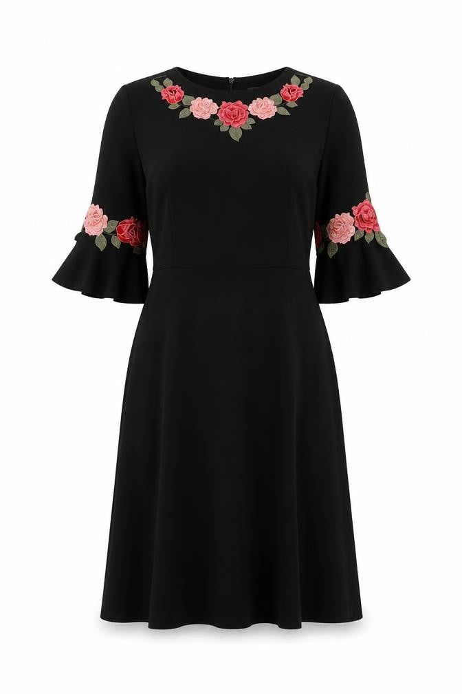 Front view of Oasis women’s black polyester a-line, size UK 8, round neck zip