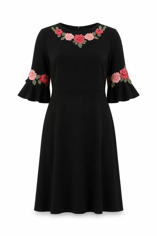 Front view of Oasis women’s black polyester a-line, size UK 8, round neck zip