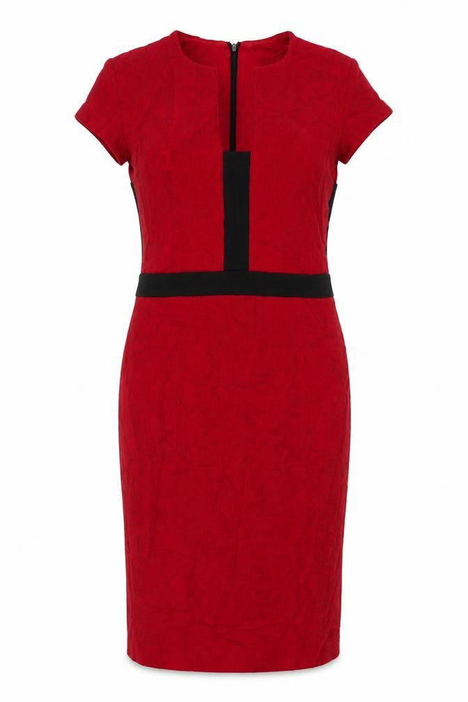 Front view of Damsei women’s red viscose sheath, size UK 12, v-neck zip