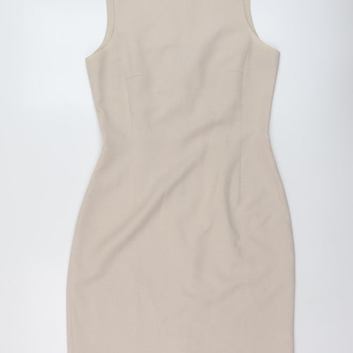 NL Collection Womens Beige Polyester Sheath Size 12 Round Neck Zip