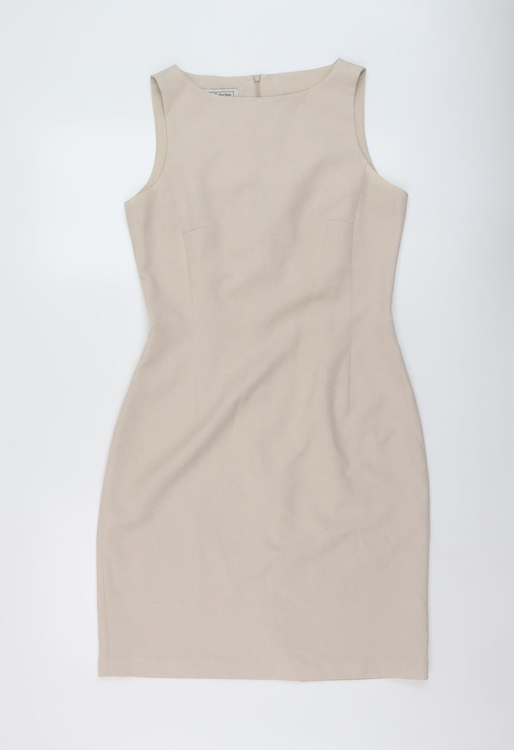 NL Collection Womens Beige Polyester Sheath Size 12 Round Neck Zip
