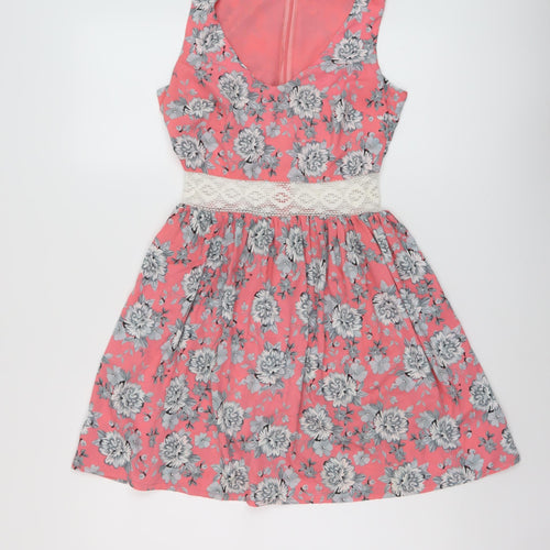 New Look Womens Pink Floral Polyester A-Line Size 8 V-Neck Zip
