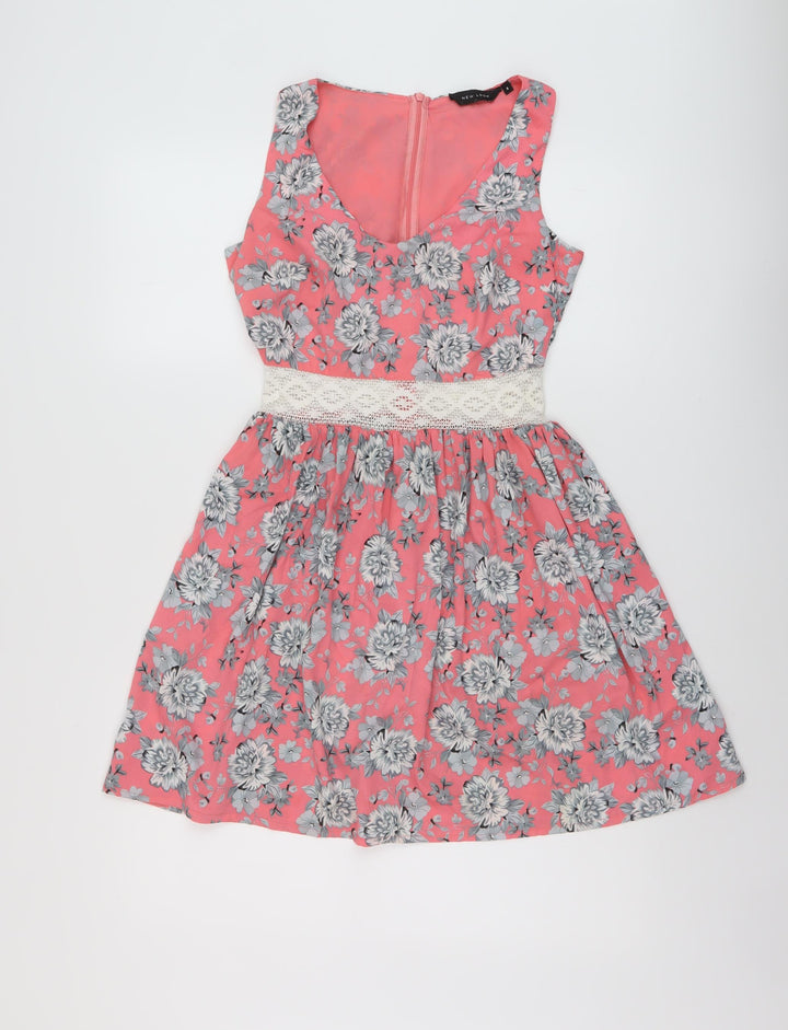 New Look Womens Pink Floral Polyester A-Line Size 8 V-Neck Zip
