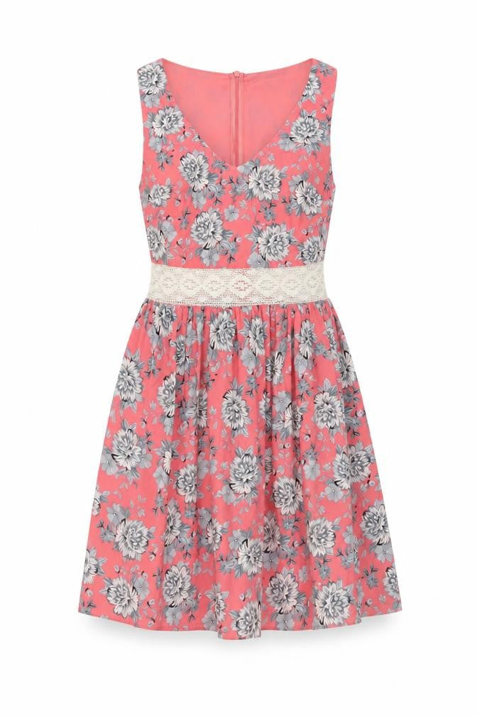 New Look Womens Pink Floral Polyester A-Line Size 8 V-Neck Zip