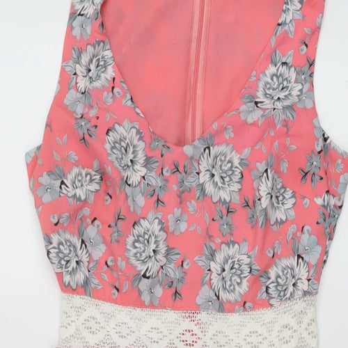 New Look Womens Pink Floral Polyester A-Line Size 8 V-Neck Zip
