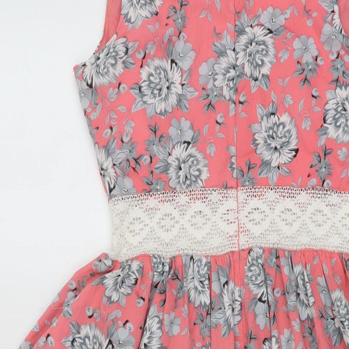 New Look Womens Pink Floral Polyester A-Line Size 8 V-Neck Zip